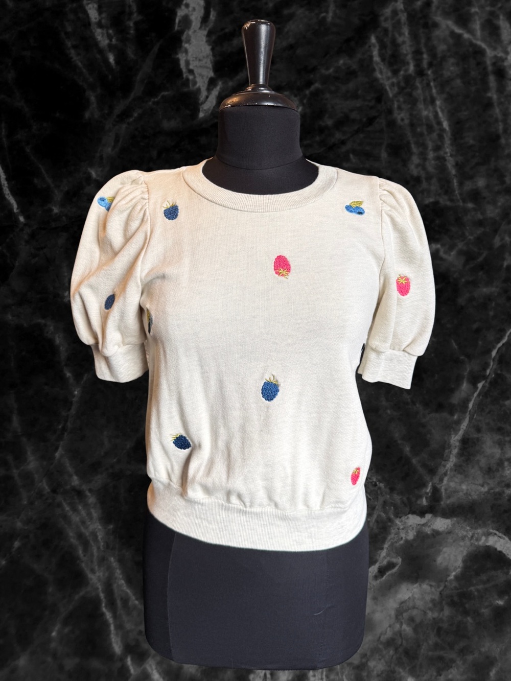T.La Cream Puff Sleeve Sweater with Pink & Blue Embroidery